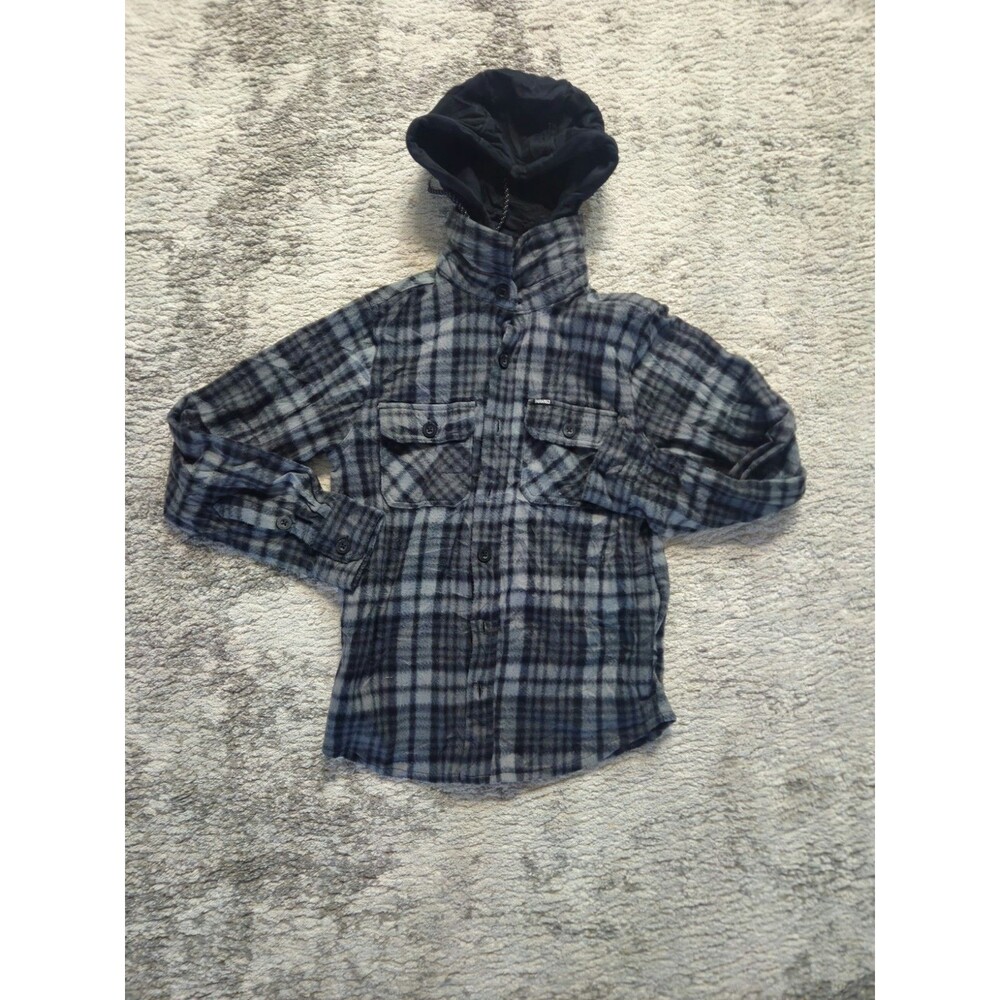 Tony HAWK Men’s S Gray Blue Plaid Hooded Button Flannel Pocket Shirt